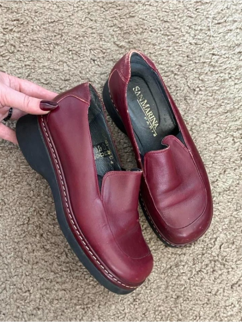 MARINA Burgundy Leather Slip-Ons with Contrast Stitching
